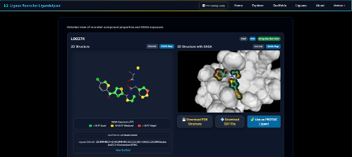 Recruiter detail page with 2D structure, 3D binding-pocket view, solvent exposure metrics, and export tools.