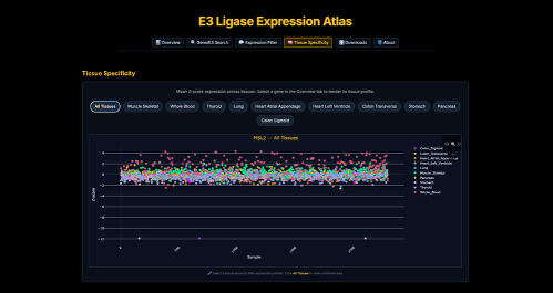Tissue-specific expression visualization comparing E3 ligase expression patterns across tissues.