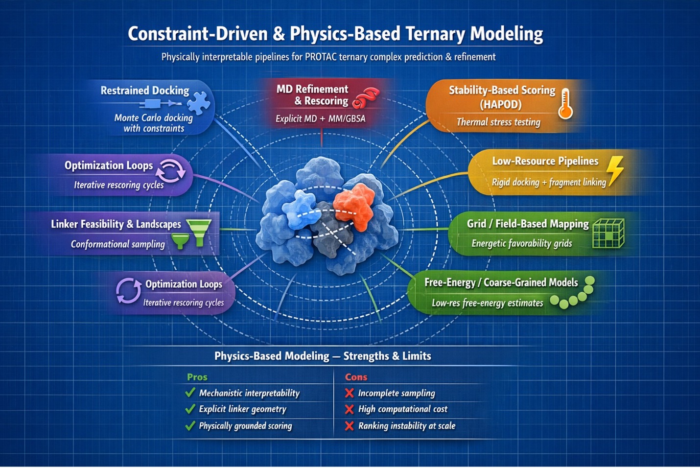 Overview of physics-based downstream PROTAC modeling strategies including restrained docking, PRosettaC-style workflows, molecular dynamics refinement, HAPOD, DegraderTCM, energy landscapes, and field-based methods.