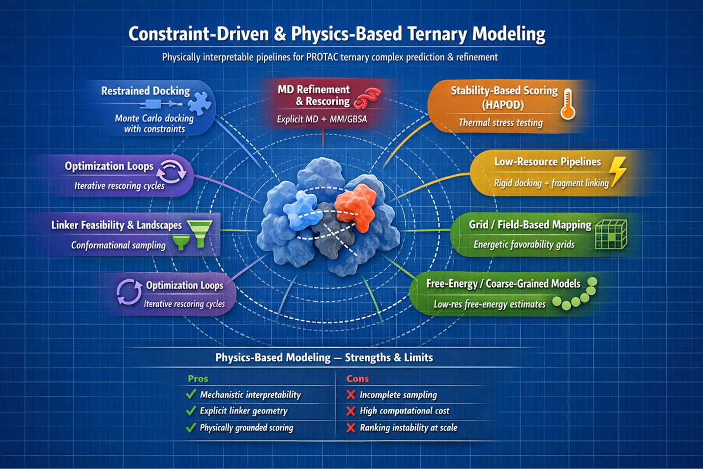 Landscape of constraint-driven and physics-based computational PROTAC methods including restrained docking, PRosettaC-style workflows, molecular dynamics refinement, HAPOD, DegraderTCM, energy landscapes, and field-based methods.