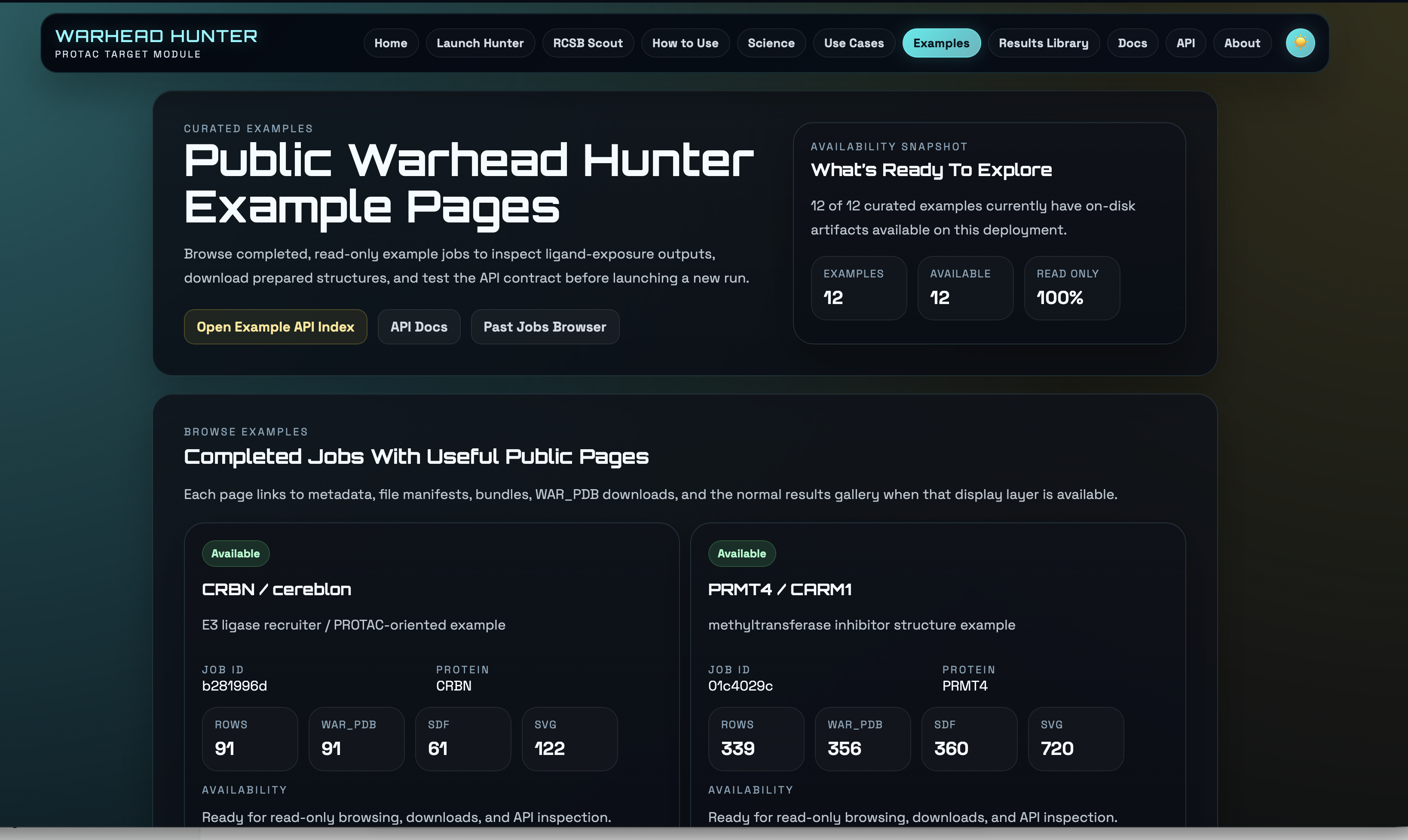 Warhead Hunter examples index page showing completed public jobs that can be opened for learning and workflow review.