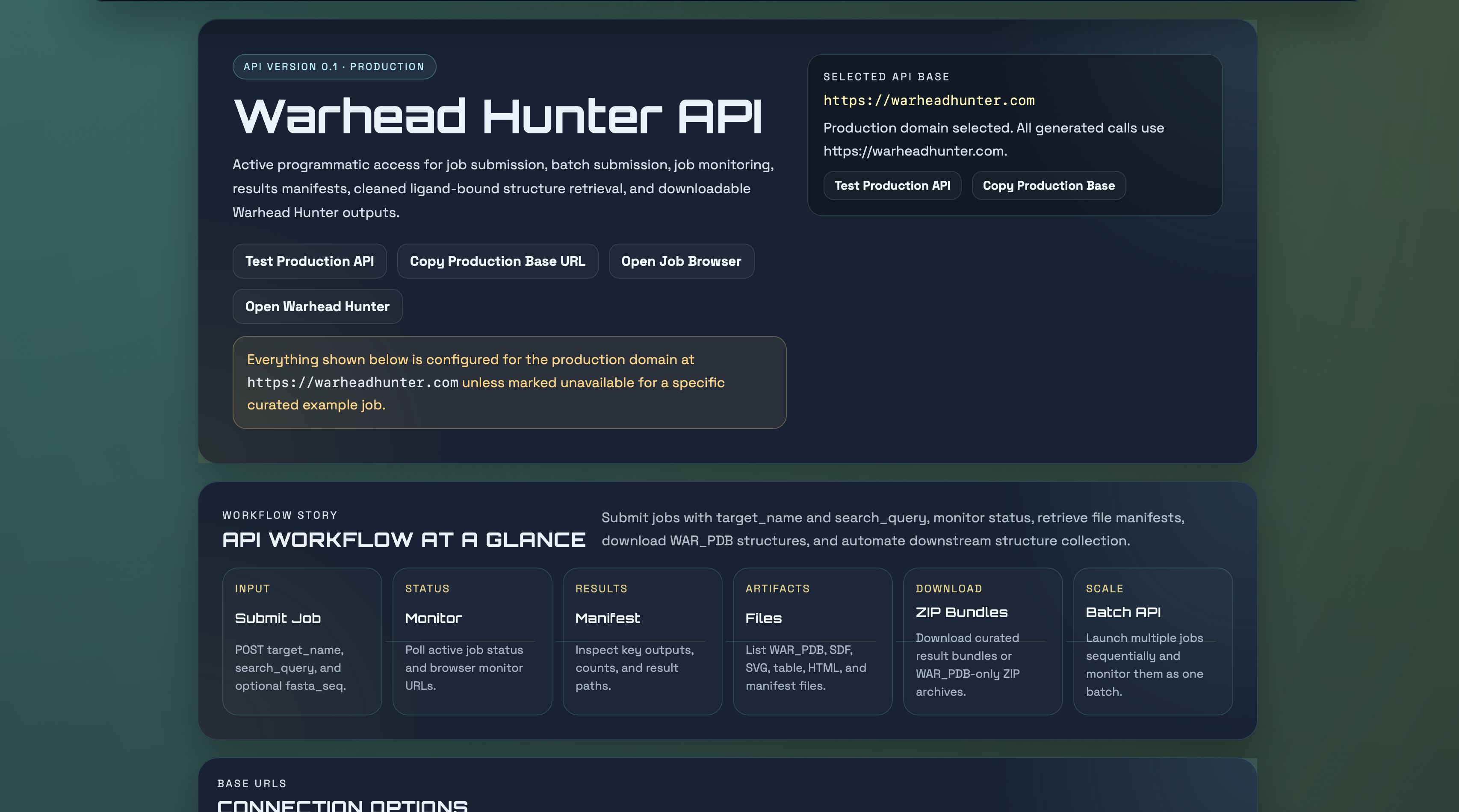 Warhead Hunter API documentation showing programmatic job submission, job monitoring, result manifests, download routes, and automation-oriented examples.