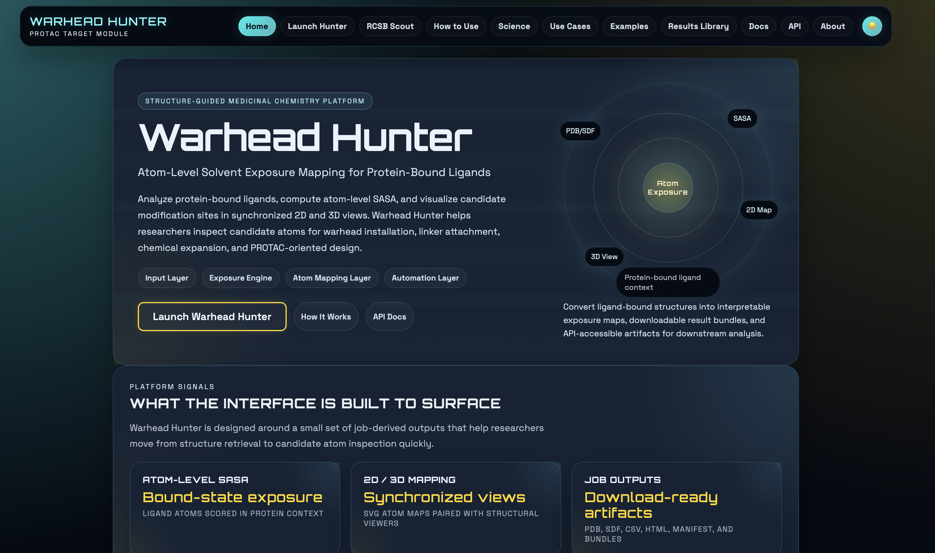 Warhead Hunter homepage showing structure-guided medicinal chemistry workflow, launch options, and atom-level solvent exposure mapping features.