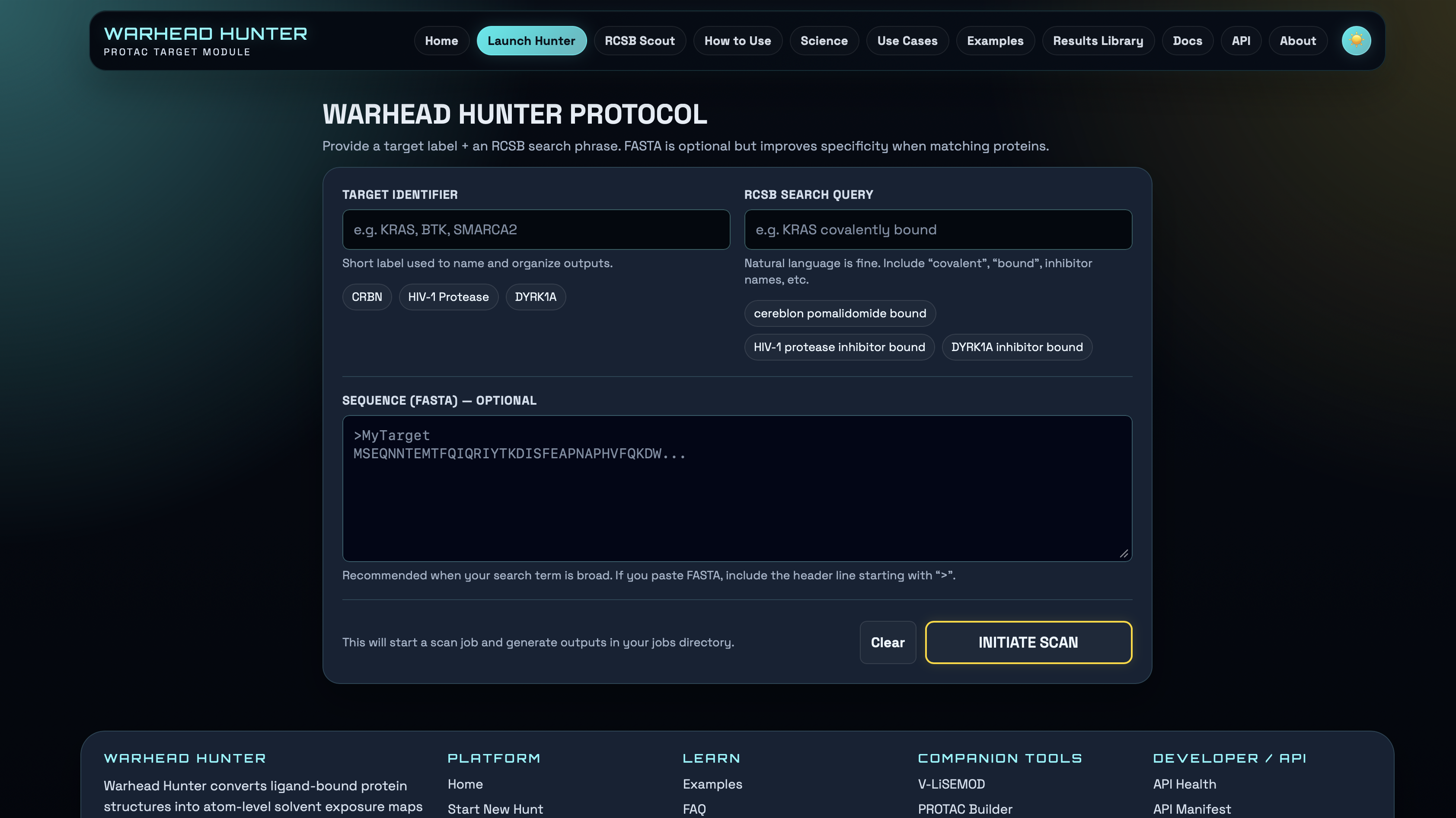 Warhead Hunter launch workflow with fields for target label, RCSB search query, optional FASTA sequence, and launch controls.