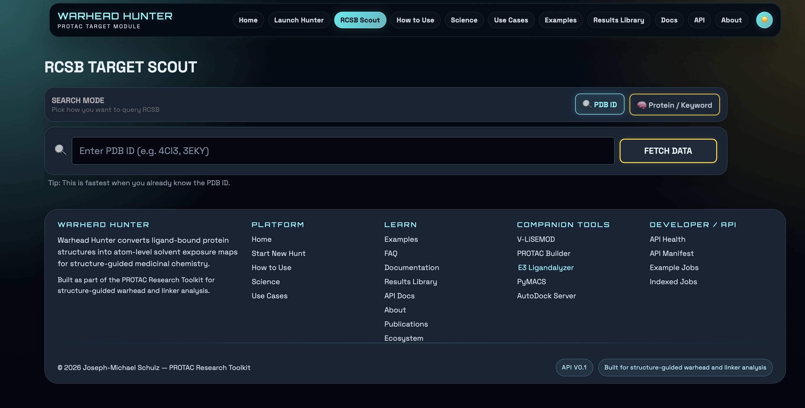 RCSB Scout page showing the known PDB ID and protein or keyword search modes used to query ligand-bound structures before launching Warhead Hunter.