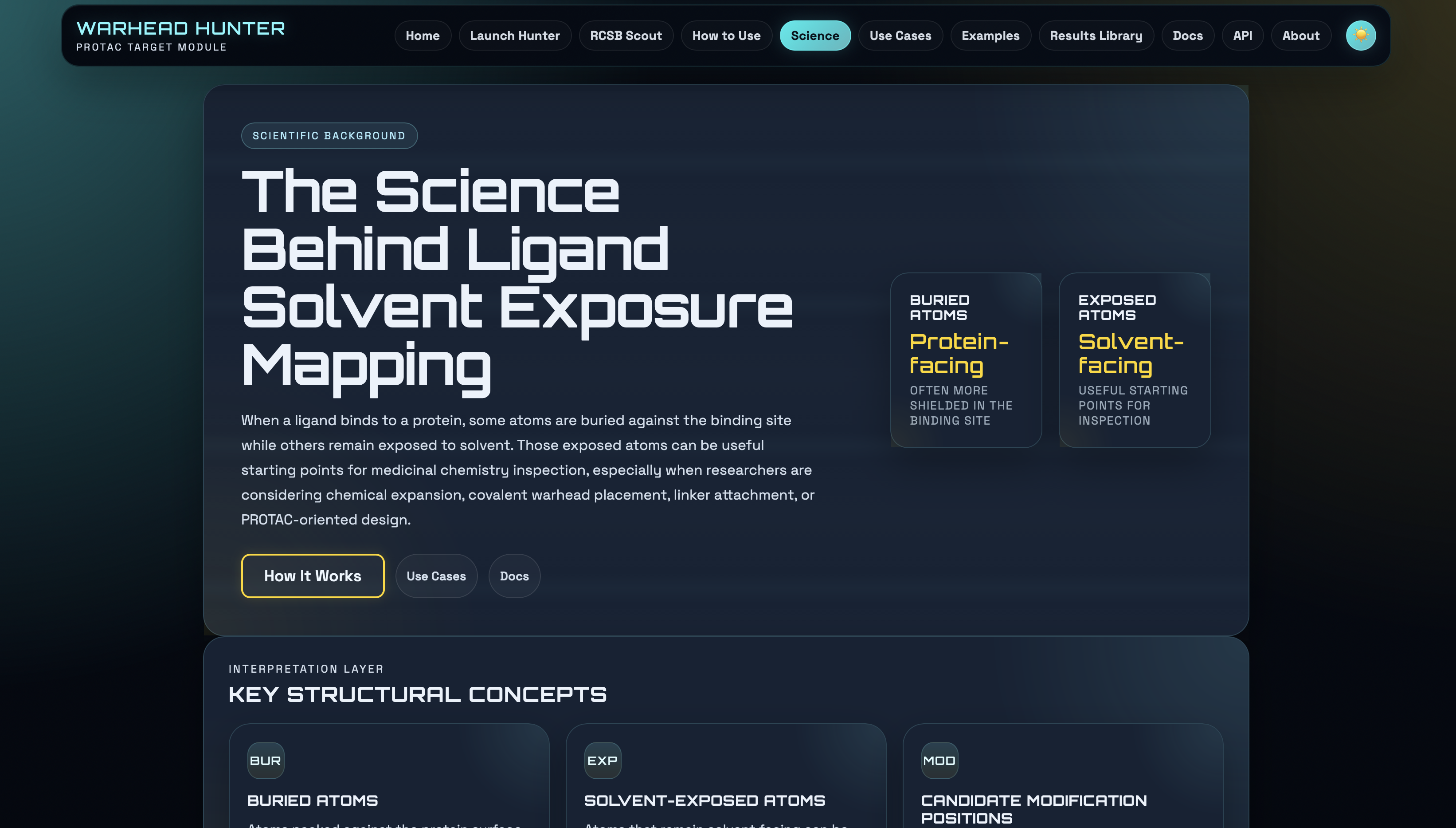 Warhead Hunter science page explaining ligand solvent exposure and the distinction between protein-facing buried atoms and solvent-exposed atoms.
